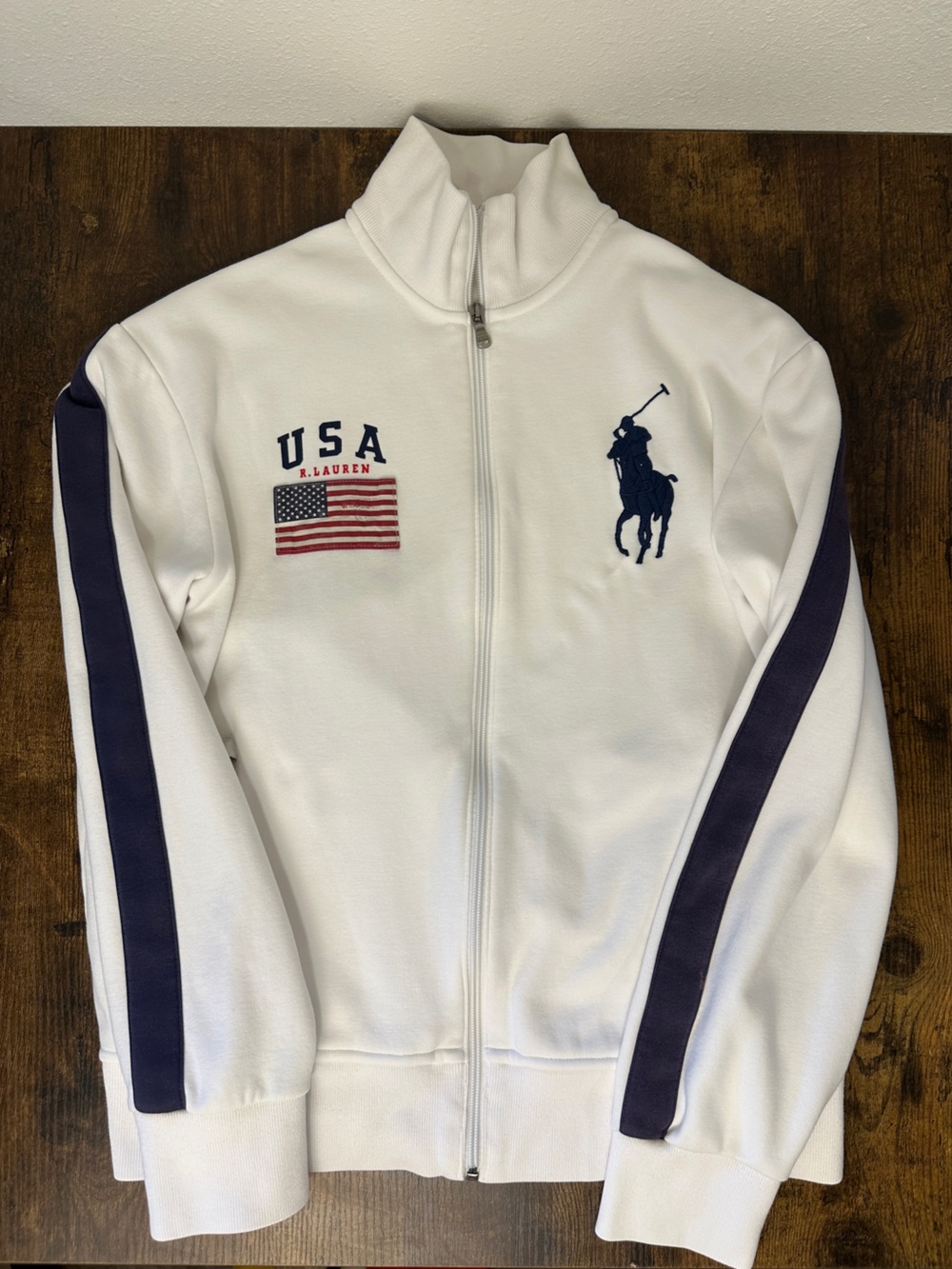 Vintage Polo Ralph Lauren White USA Flag Big Pony Zip Up Track Jacket M